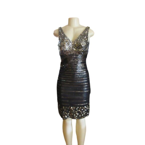 Janine Dresses & Skirts - Vintage Janine Sequined Rhinestone Sleeveless Black & Gold Cocktail Dress Size X